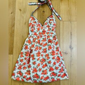 Hollister Dress Women’s XS Floral Mini White Red Babydoll Halter Croquette Girl